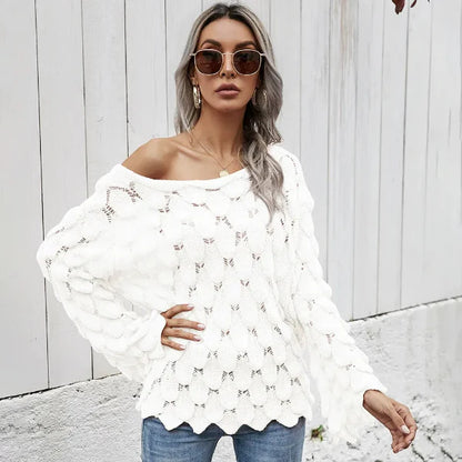 Women’s Pullover Sweater – Loose Fit – Bell Sleeve – Open Knit – Boat Neckline