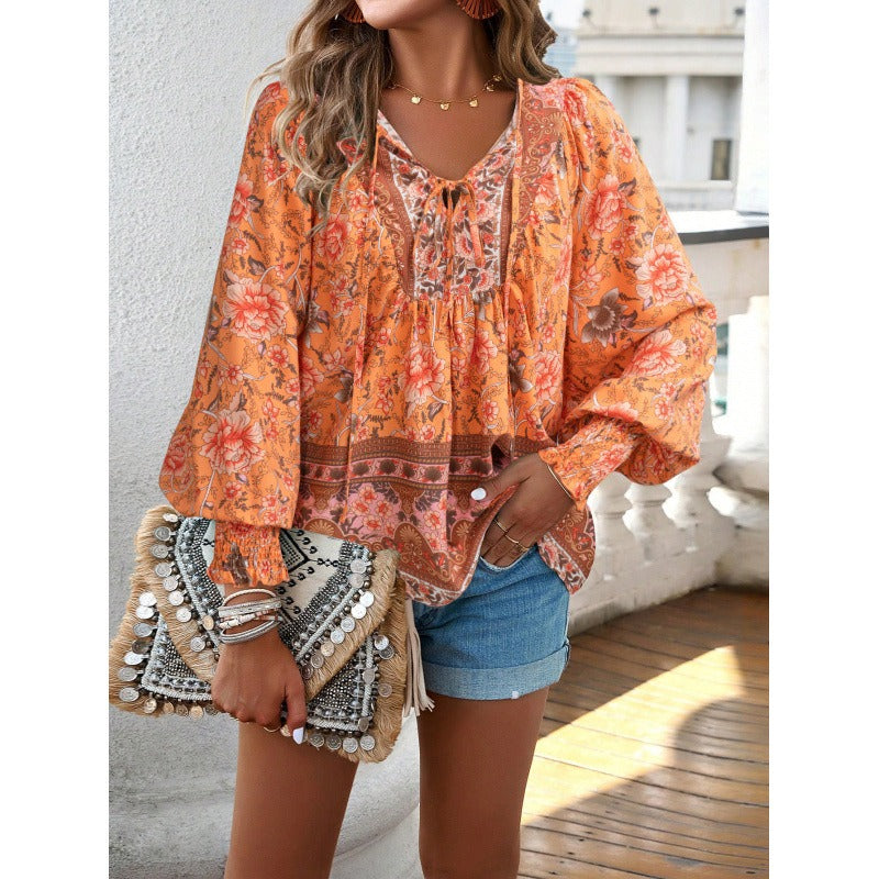 Women’s Blouse – Flowy Fit – Bohemian Print – V-Neck with Tie – Long Puff Sleeves