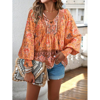 Women’s Blouse – Flowy Fit – Bohemian Print – V-Neck with Tie – Long Puff Sleeves