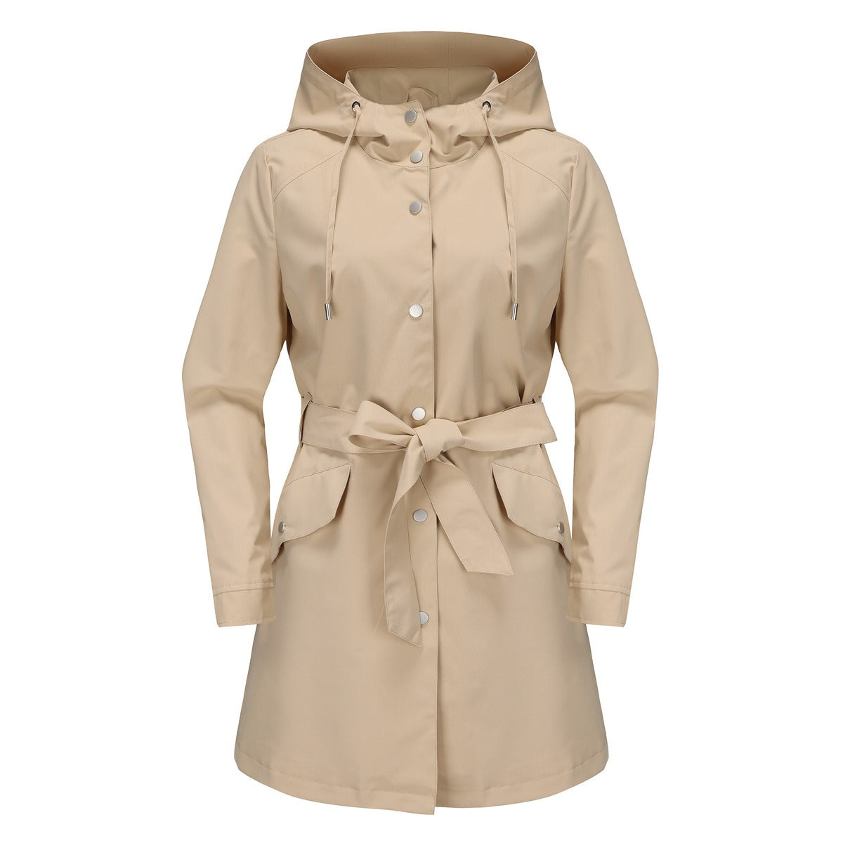 Women’s Windbreaker Jacket – Water-Repellent – Hooded – Belted Waist – Mid-Thigh Length