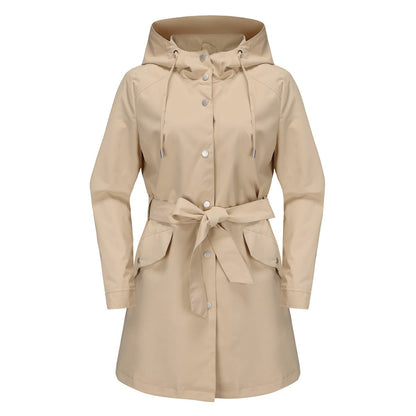 Women’s Windbreaker Jacket – Water-Repellent – Hooded – Belted Waist – Mid-Thigh Length