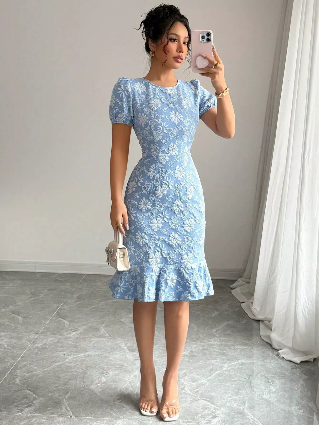 Women’s Midi Dress – Textured Jacquard – Puff Sleeve – Fitted Waist – Vintage Style