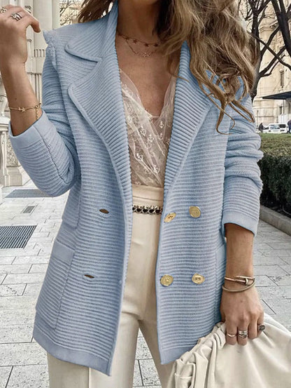 Women’s Jacket Coat – Tailored Fit – Ribbed Texture – Double-Breasted – Lapel Collar