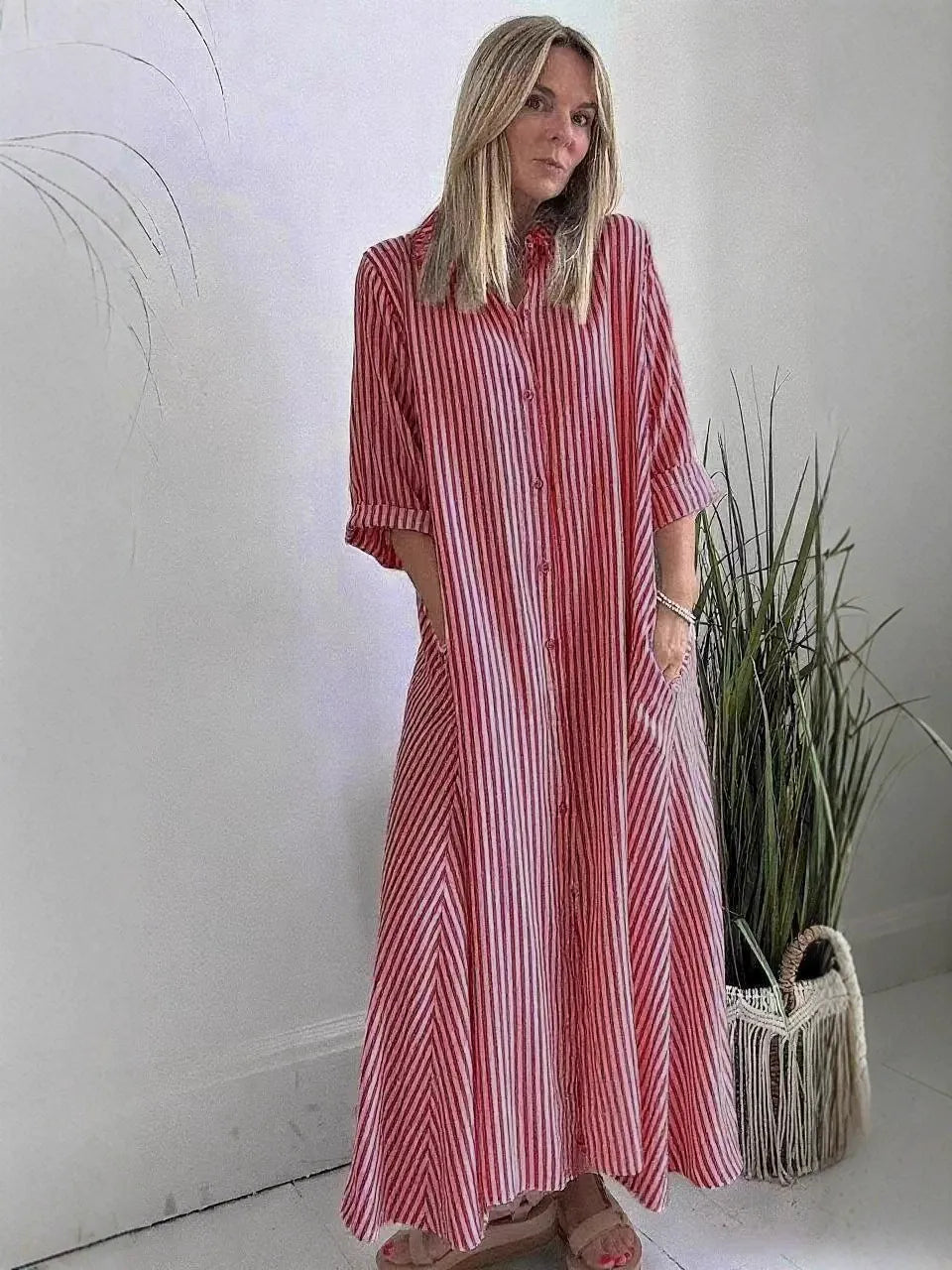 Women’s Maxi Dress – Cotton Blend – Relaxed Fit – Striped – Button Front – Lapel Collar – 3/4 Sleeve
