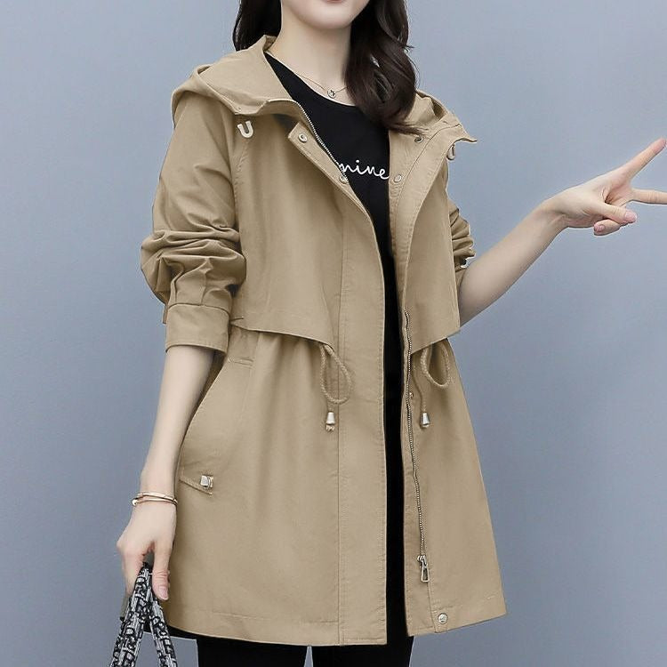 Women’s Mid-Thigh Jacket Relaxed Fit - Cotton Blend - Hooded Stand Collar - Adjustable Waist