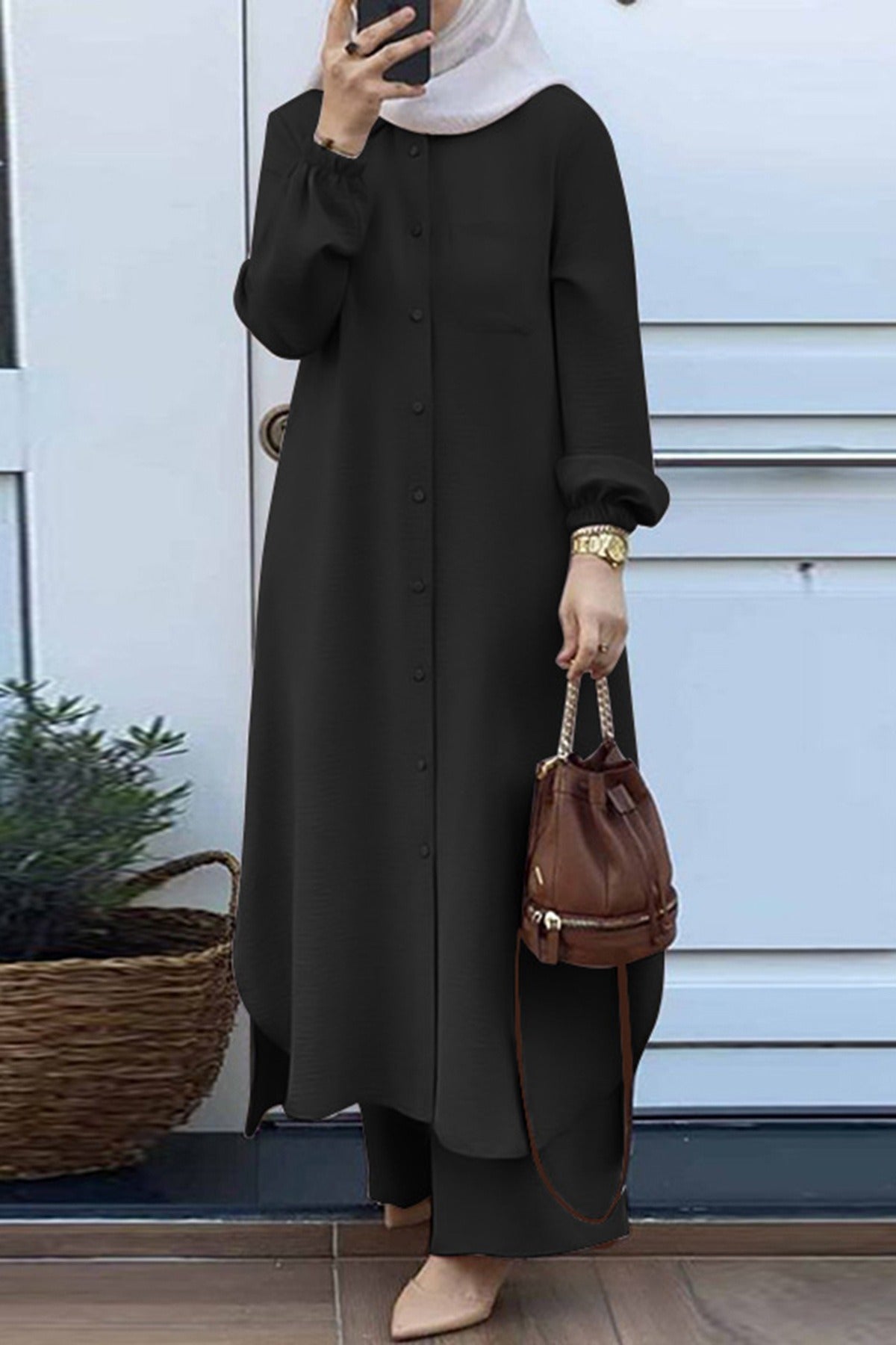 Women’s Tunic Set – Relaxed Fit – Stand Collar – Long Sleeve – Full-Length Trousers