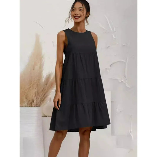 Women’s Sleeveless Dress – Cotton Blend – Loose Fit – Tiered Ruffle Midi Length