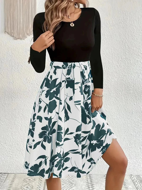 Women’s Midi Dress – Fitted Top – Round Neck – Long Sleeve – Waist Tie – Floral Skirt