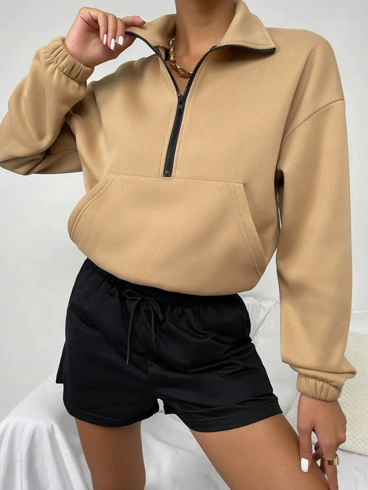 Women’s Sweater – Fleece Fabric – Loose Fit – Stand Collar – Half Zip – Kangaroo Pocket