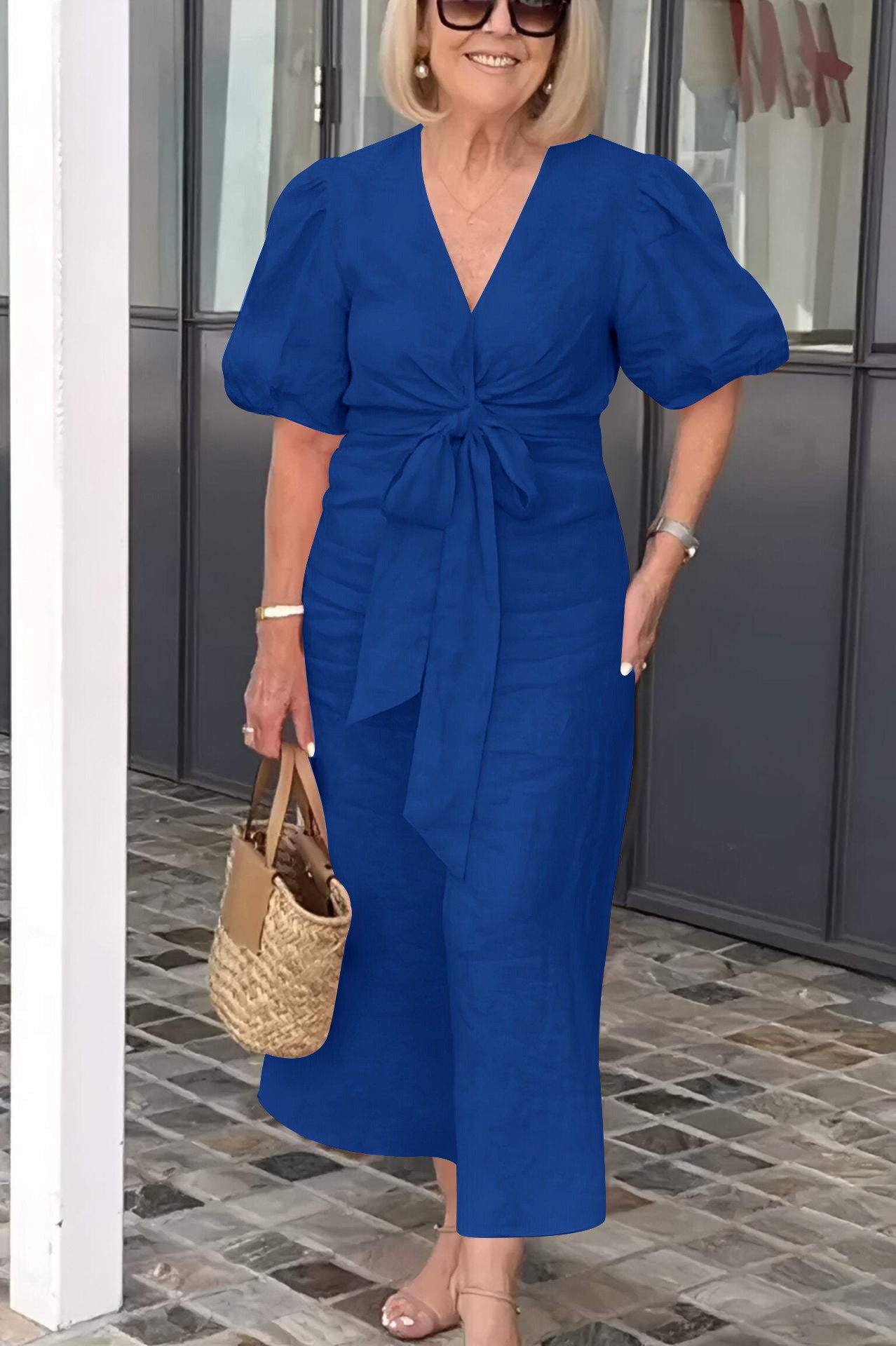Women’s Midi Dress – V-Neck – Puff Sleeve – Lace-Up Waist – Tailored Fit – Cotton