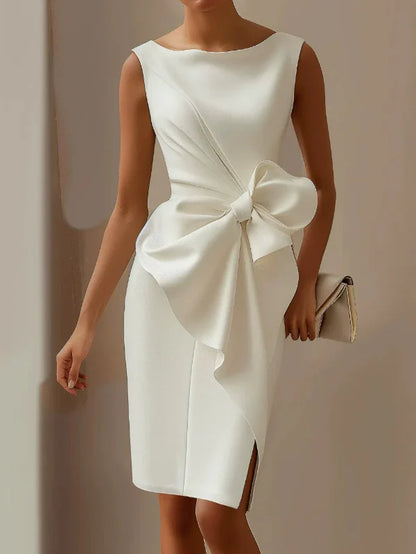 Women’s Slim Fit Dress - Woven Fabric - Boat Neck - Sleeveless - Knee Length - Bow Detail