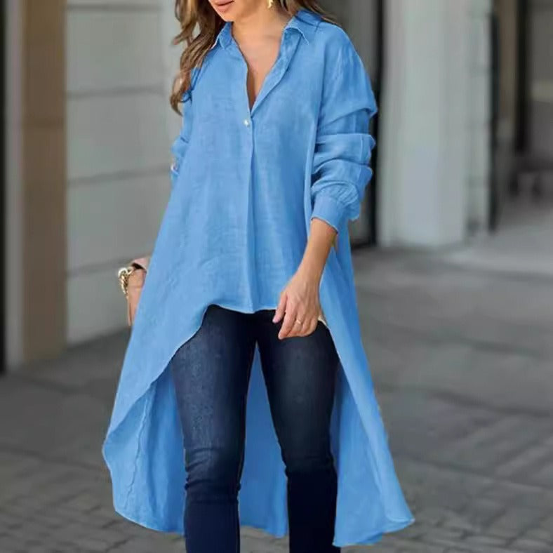 Women's Oversized Shirt - Linen - Relaxed Fit - Button Down - High-Low Hem