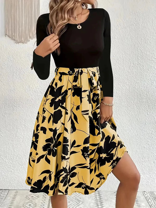 Women’s Midi Dress – Fitted Top – Round Neck – Long Sleeve – Waist Tie – Floral Skirt