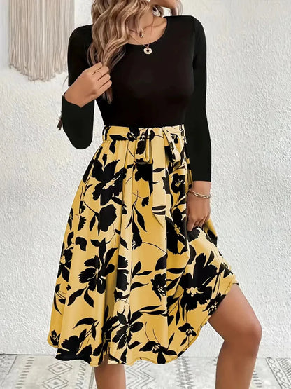 Women’s Midi Dress – Fitted Top – Round Neck – Long Sleeve – Waist Tie – Floral Skirt