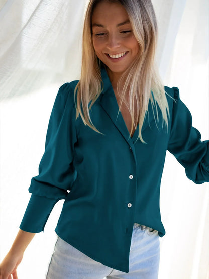 Women’s Blouse – Relaxed Fit – Silk Feel – Long Sleeve – Button Down – Spread Collar