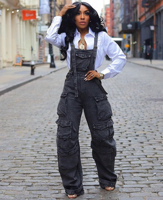 Women’s Denim Overalls – Loose Fit – Wide Leg – Adjustable Straps – Cargo Pockets