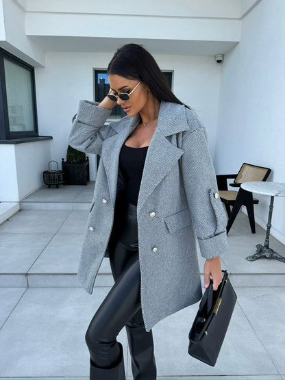 Women’s Wool Coat – H-Line Fit – Double-Breasted – Blazer Collar – Knee Length