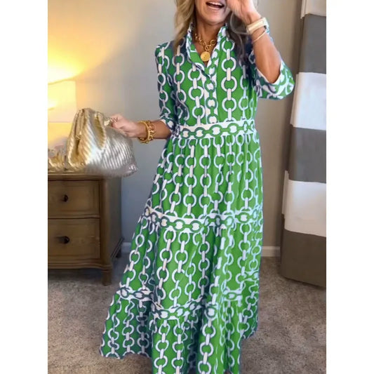 Women’s Maxi Dress - Woven Fabric - V-Neck - Three-Quarter Sleeve - Button Front