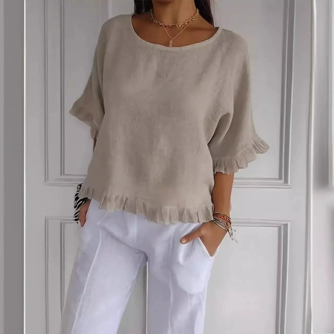 Women’s Blouse – Loose Fit – Cotton Blend – Short Dolman Sleeves – Ruffle Hem