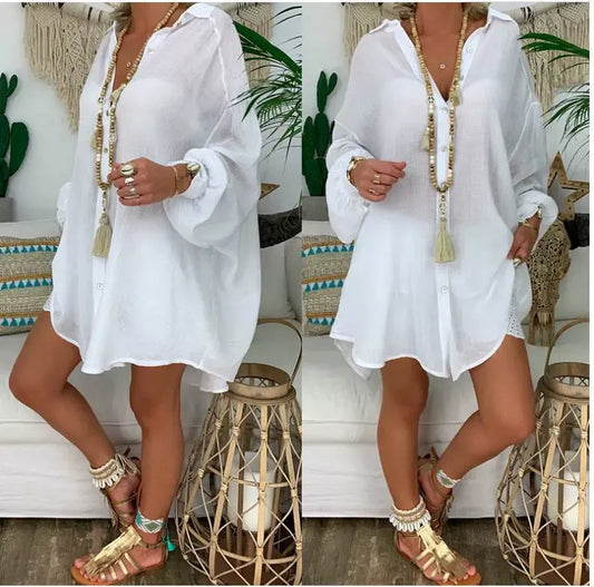 Women’s Blouse – Oversized Fit – Cotton Linen – Button Up – Tunic Length – Casual Wear