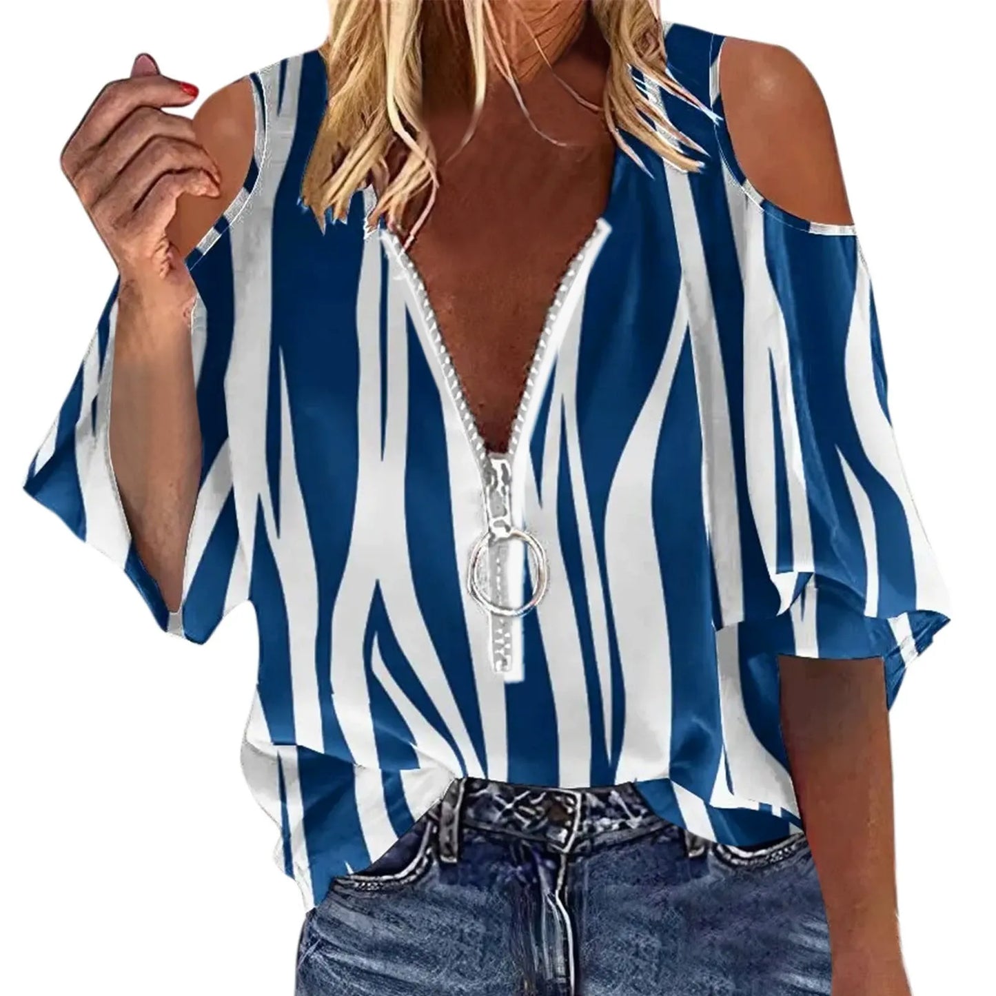 Women’s Off-Shoulder Blouse – Loose Fit – Zipper Front – Artistic Print – Long Sleeve