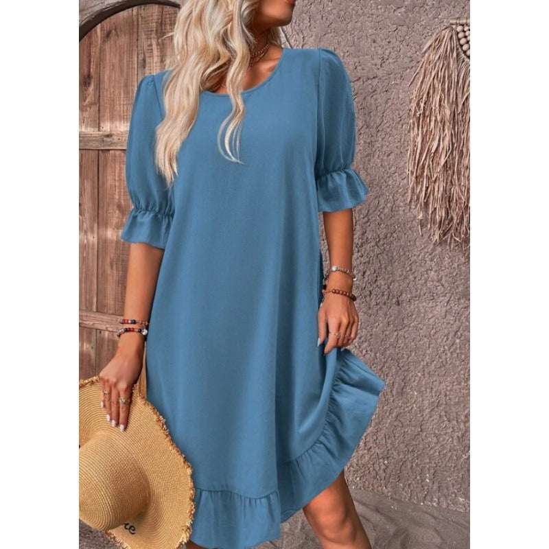 Women’s A-Line Dress – Cotton Linen – Knee Length – Ruffle Trim – Relaxed Fit