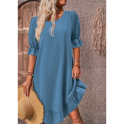 Women’s A-Line Dress – Cotton Linen – Knee Length – Ruffle Trim – Relaxed Fit
