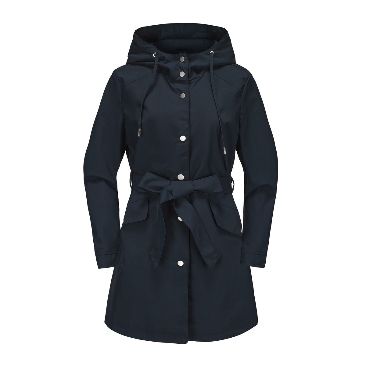 Women’s Windbreaker Jacket – Water-Repellent – Hooded – Belted Waist – Mid-Thigh Length