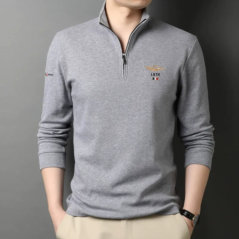 Men’s Long-Sleeved T-Shirt – Slim Fit – Cotton Feel – Lapel Half-Zip – Embroidered Detail