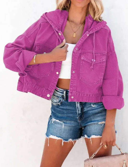 Women’s Denim Jacket – Relaxed Fit – Cropped Length – Hooded with Button Front