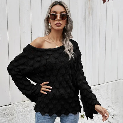 Women’s Pullover Sweater – Loose Fit – Bell Sleeve – Open Knit – Boat Neckline