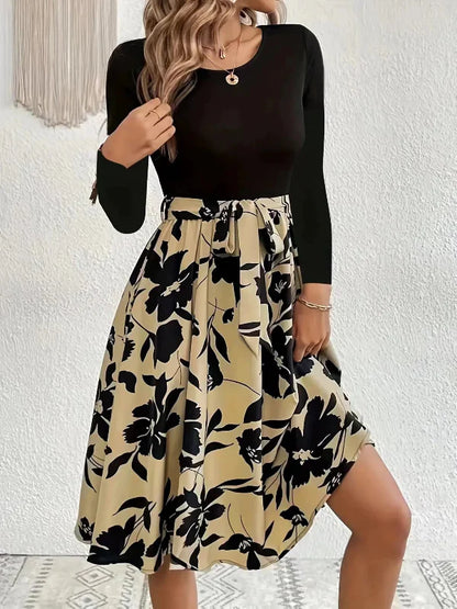 Women’s Midi Dress – Fitted Top – Round Neck – Long Sleeve – Waist Tie – Floral Skirt