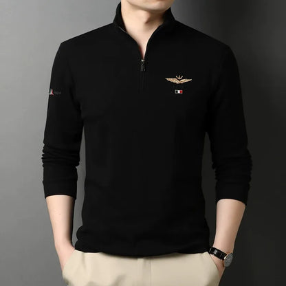 Men’s Long-Sleeved T-Shirt – Slim Fit – Cotton Feel – Lapel Half-Zip – Embroidered Detail