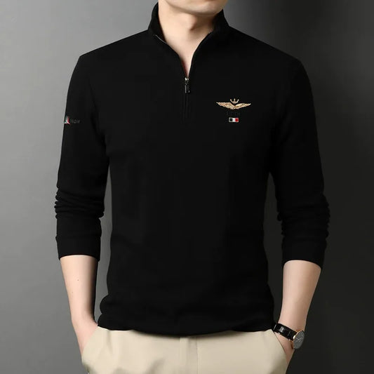 Men’s Long-Sleeved T-Shirt – Slim Fit – Cotton Feel – Lapel Half-Zip – Embroidered Detail