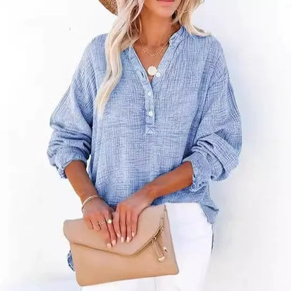 Women’s Long Sleeve Shirt – Loose Fit – Cotton – Pleated Front – Button-Up Style