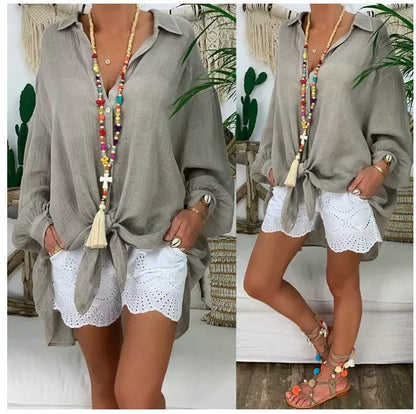 Women’s Blouse – Oversized Fit – Cotton Linen – Button Up – Tunic Length – Casual Wear