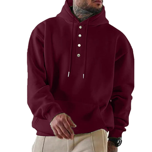 Men’s Hooded Sweatshirt – Loose Fit – Fleece Feel – Snap Button Front – Casual Wear