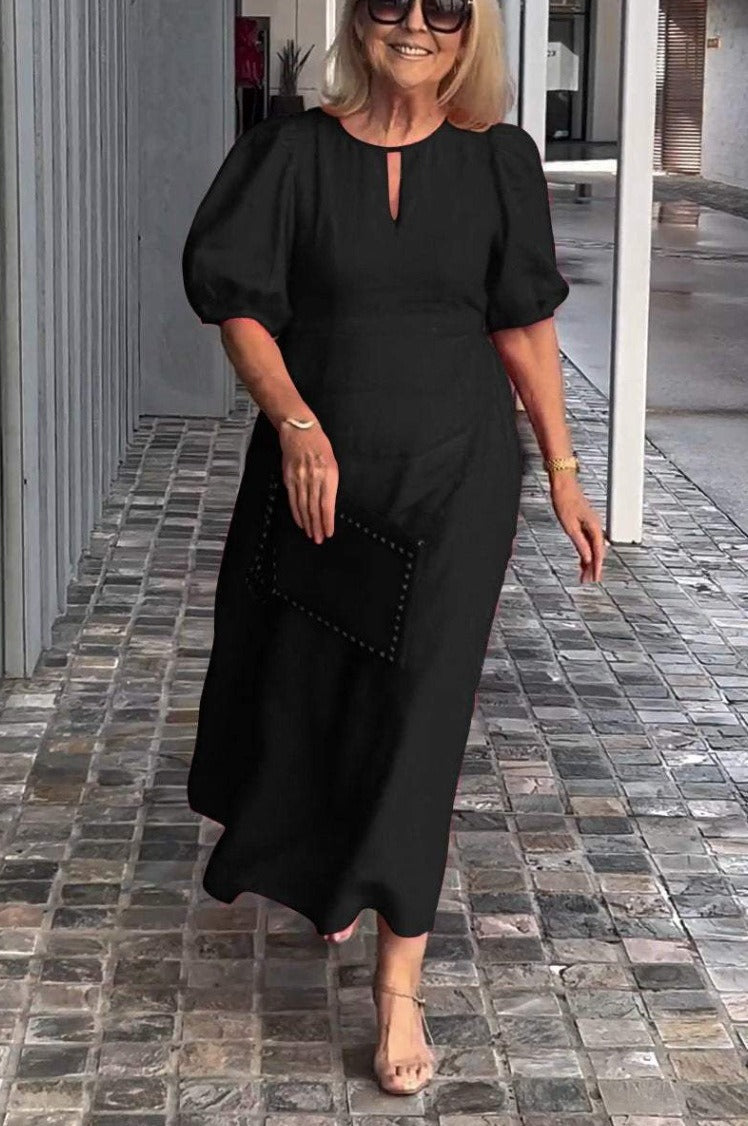 Women’s Midi Dress – Loose Fit – Puff Sleeves – Cotton – Round Neck Keyhole