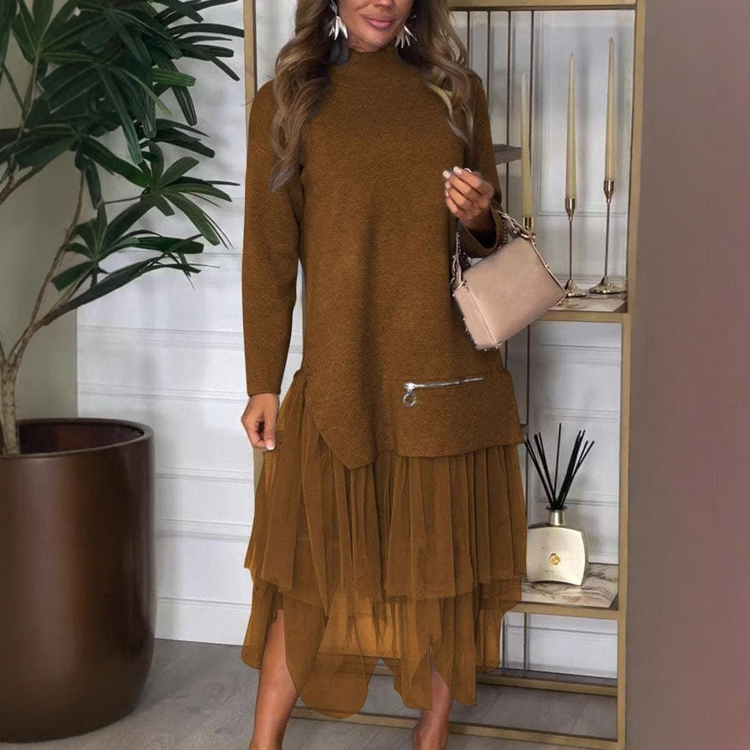 Women’s Midi Dress – Knit Top – Mesh Tiered Skirt – A-Line Fit – Long Sleeve