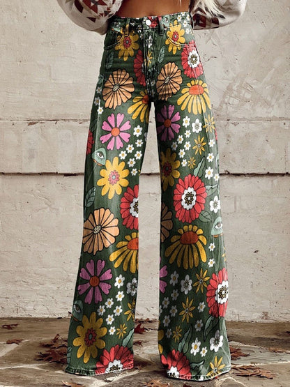 Women’s Flared Trousers – Vintage Print – Cotton Feel – Full Length Casual Fit