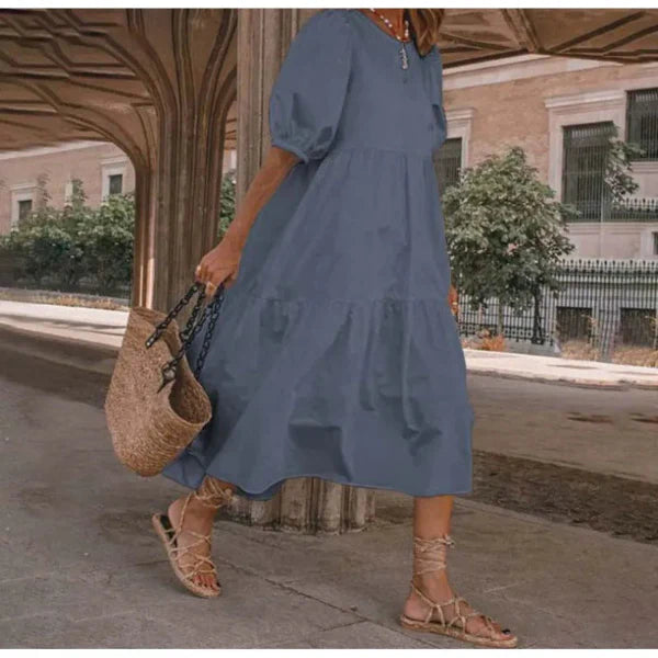 Women’s Midi Dress – Cotton Blend – Flowy Fit – Puff Sleeve – Tiered Boho Style