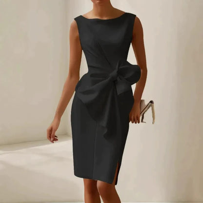 Women’s Slim Fit Dress - Woven Fabric - Boat Neck - Sleeveless - Knee Length - Bow Detail