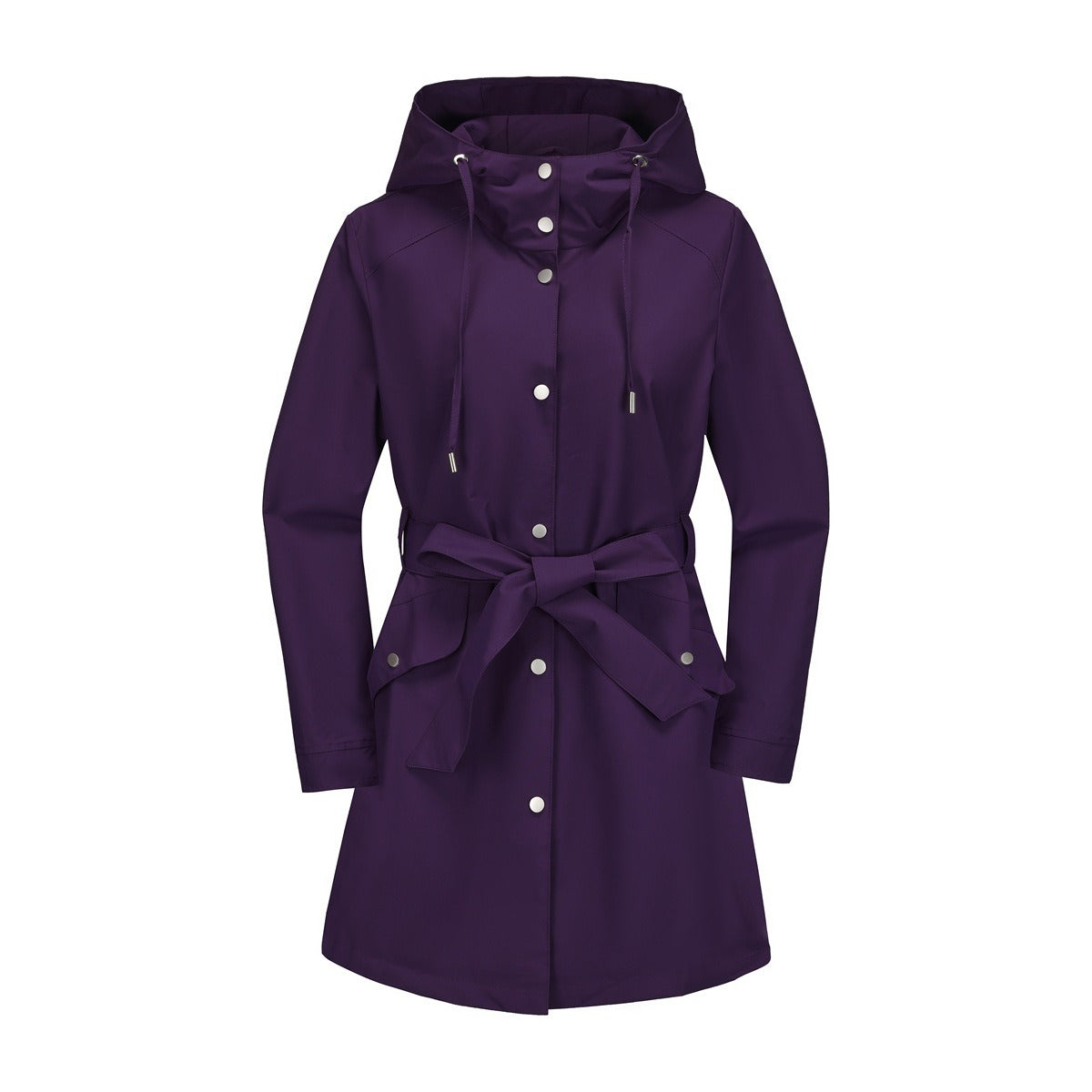 Women’s Windbreaker Jacket – Water-Repellent – Hooded – Belted Waist – Mid-Thigh Length