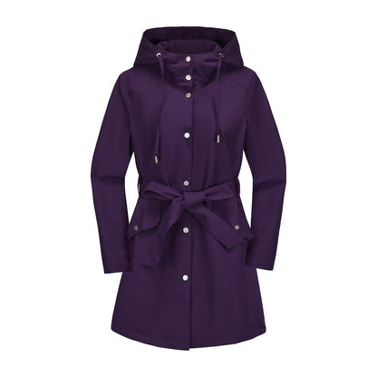 Women’s Windbreaker Jacket – Water-Repellent – Hooded – Belted Waist – Mid-Thigh Length