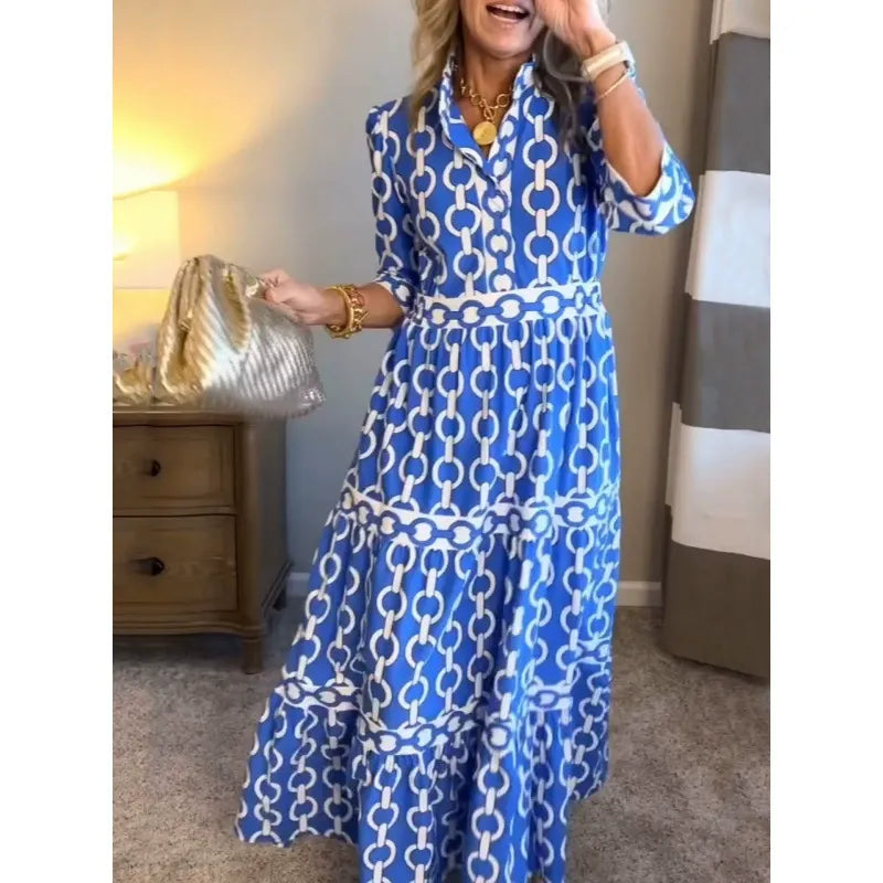 Women’s Maxi Dress - Woven Fabric - V-Neck - Three-Quarter Sleeve - Button Front