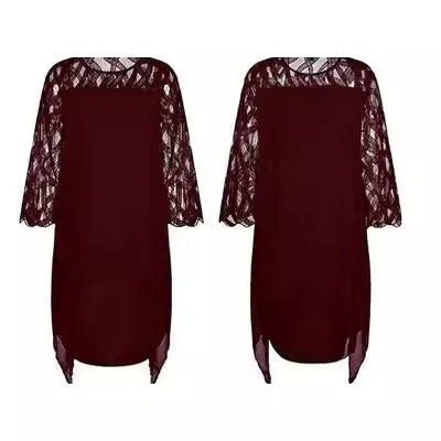 Women’s Midi Dress – Chiffon – Lace Detail – 3/4 Sleeve – Asymmetrical Hem – Relaxed Fit