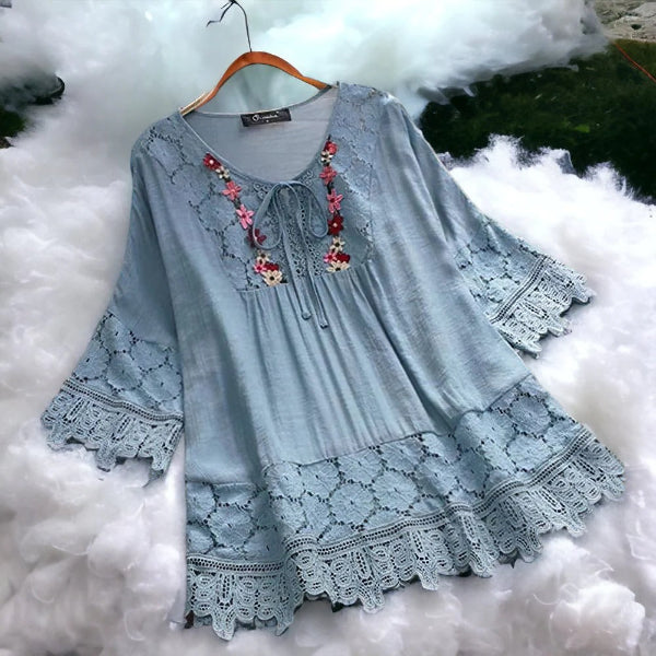 Women’s Tunic Top – Flowy Fit – Cotton Blend – Lace Trim – Embroidered Neckline – 3/4 Sleeve
