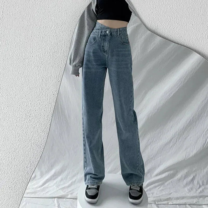 Women’s Jeans – High Waist – Cross-Waist Detail – Relaxed Straight Leg – Full Length