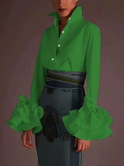 Women’s Blouse – Cotton Blend – Relaxed Fit – Ruffle Cuffs – Tie Sleeve – Button Down