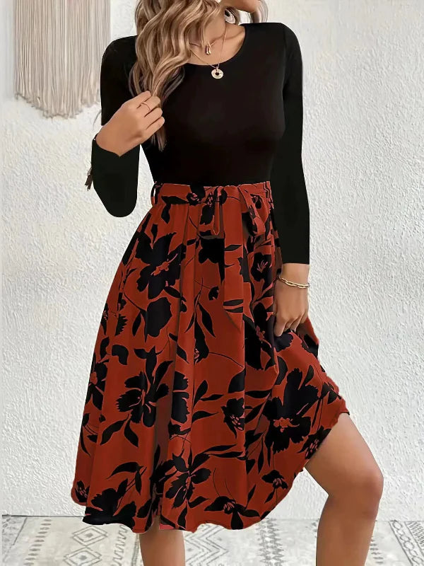 Women’s Midi Dress – Fitted Top – Round Neck – Long Sleeve – Waist Tie – Floral Skirt